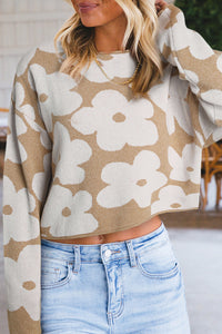 Khaki Floral Pattern Drop Sleeve Cropped Sweater