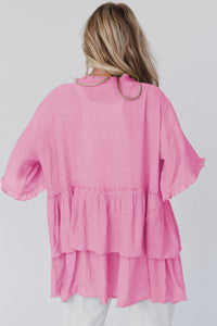 Pink Ruffled Trim Short Sleeve Open Front Kimono