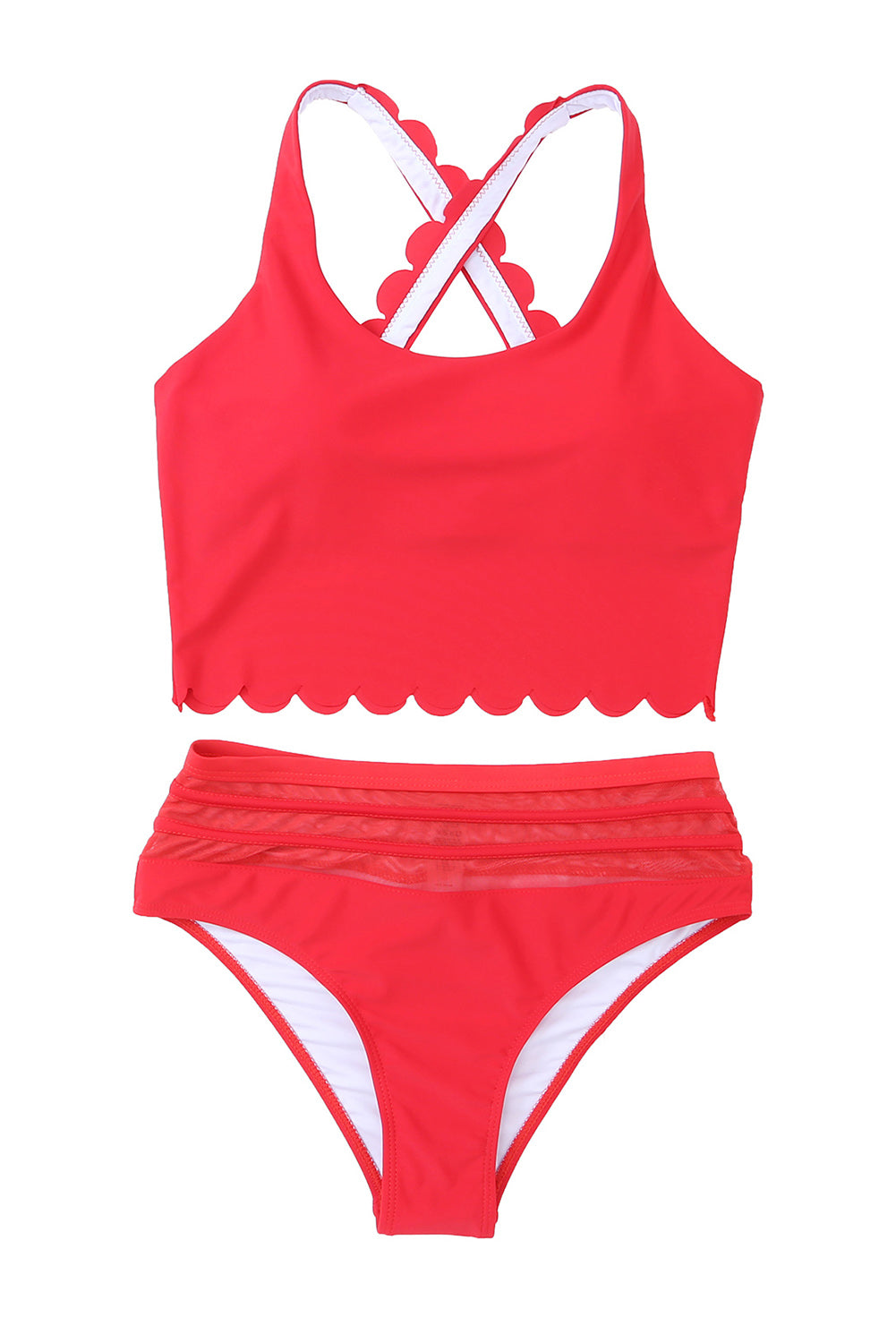 Rose Scalloped Sleeveless High Waisted Two Piece Swimsuit