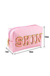 Pink Embroidered SKIN Letter Print Makeup Bag