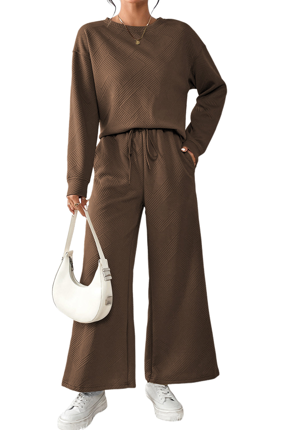 Apricot Textured Loose Slouchy Long Sleeve Top and Pants Set