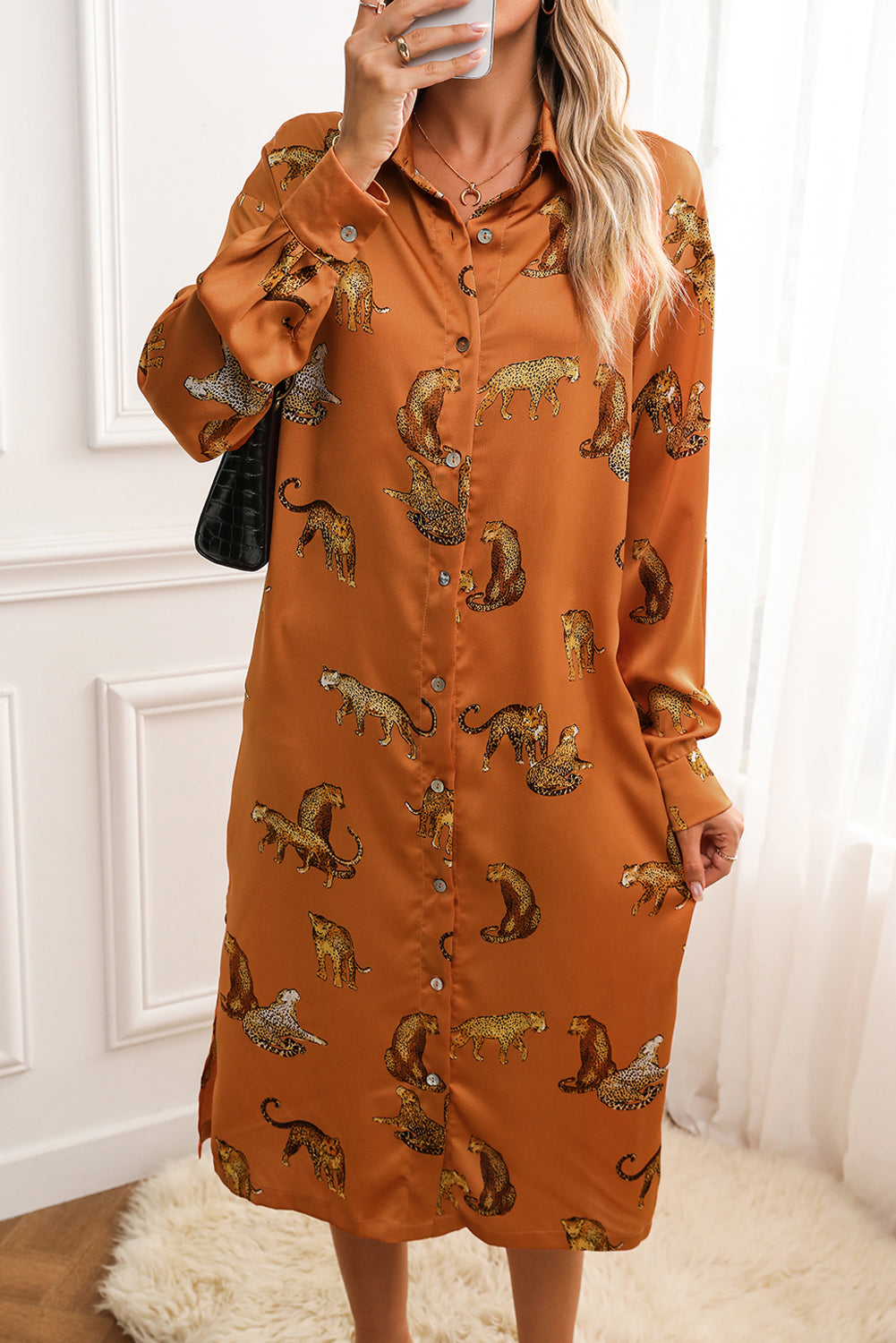 Yellow Animal Print Button-Up Split Maxi Shirt Dress