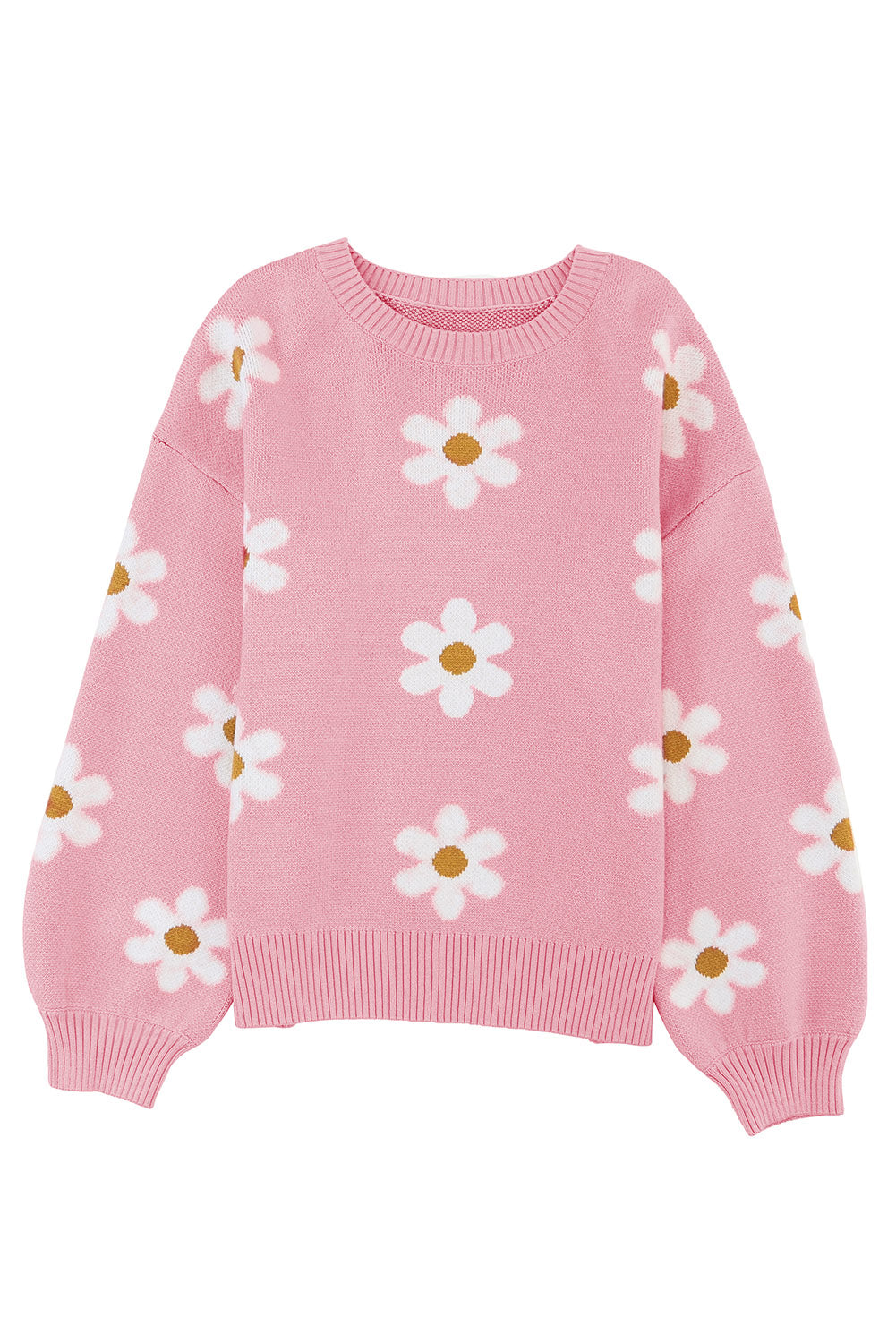 Apricot Floral Pattern Drop Shoulder Pullover Knit Sweater