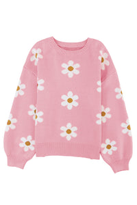 Apricot Floral Pattern Drop Shoulder Pullover Knit Sweater