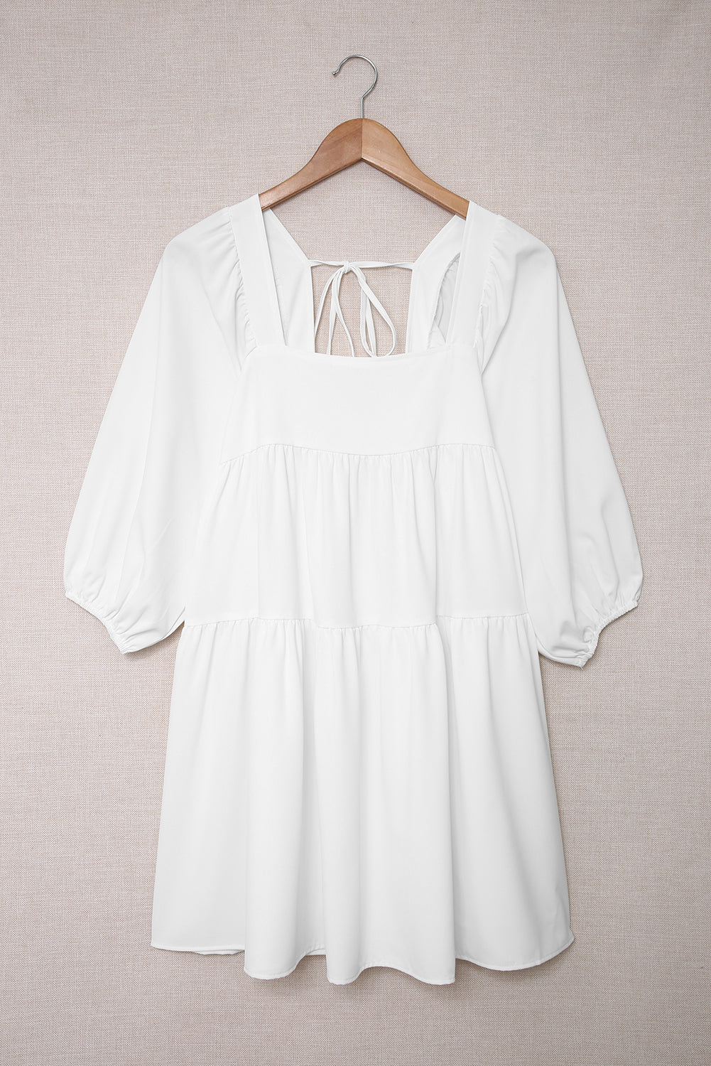 White Square Neck Ruched Casual Short Dress