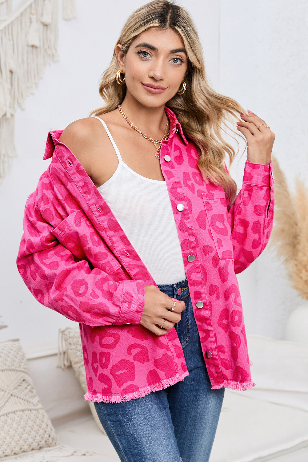 Pink Leopard Print Button Cuffs Raw Hem Jacket