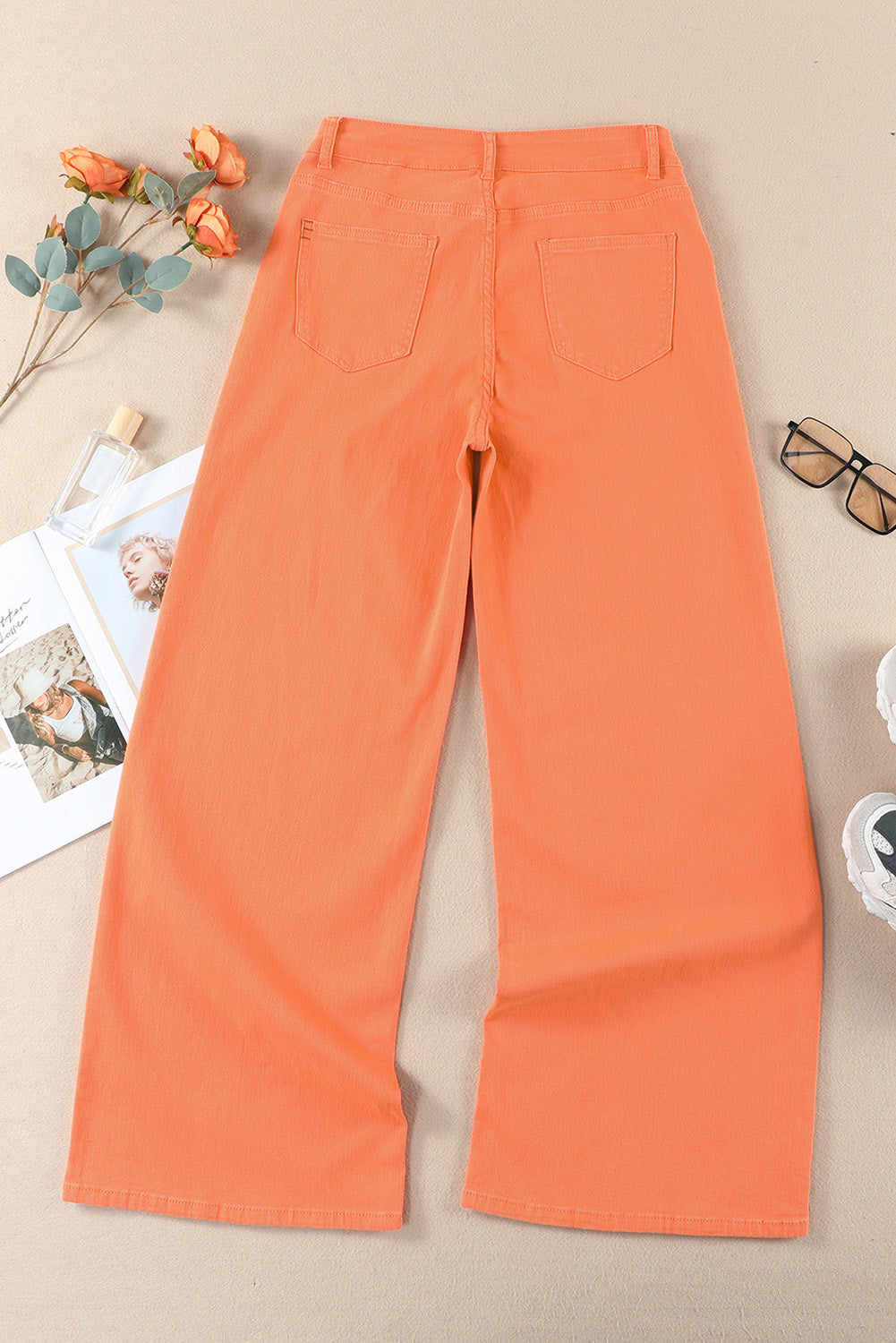 Orange Acid Wash Casual High Waist Wide Leg Jeans