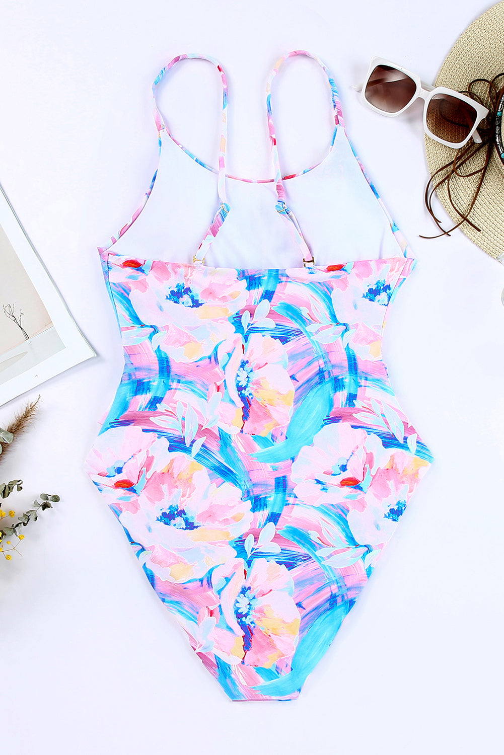 Pink Floral Print Knot High Waist One Piece Swimsuit