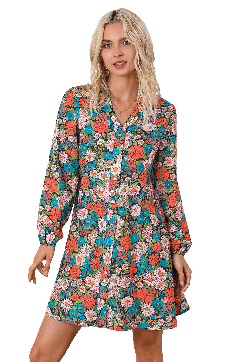 Multicolour Vibrant Floral Print Lapel Collar Button Closure Shirt Dress