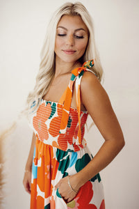 Orange Floral Printed Shoulder Tie Smocked Maxi Dress