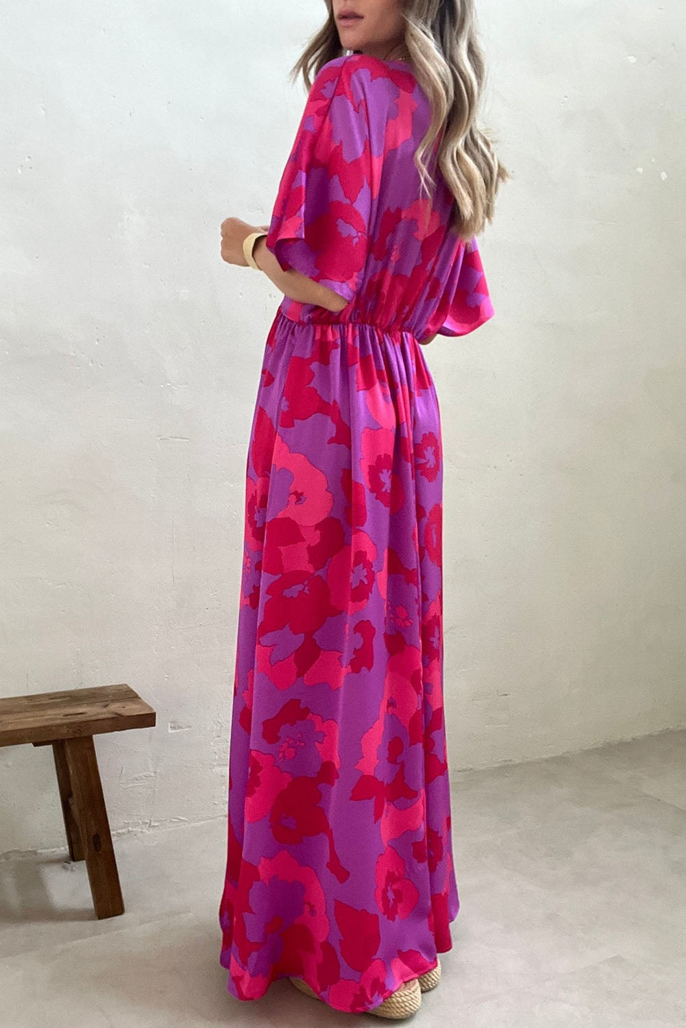 Rose Abstract Floral Print V Neck Dolman Split Maxi Dress