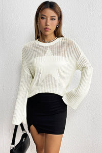 White Star Pattern Lightweight Hollow Knit Sweater