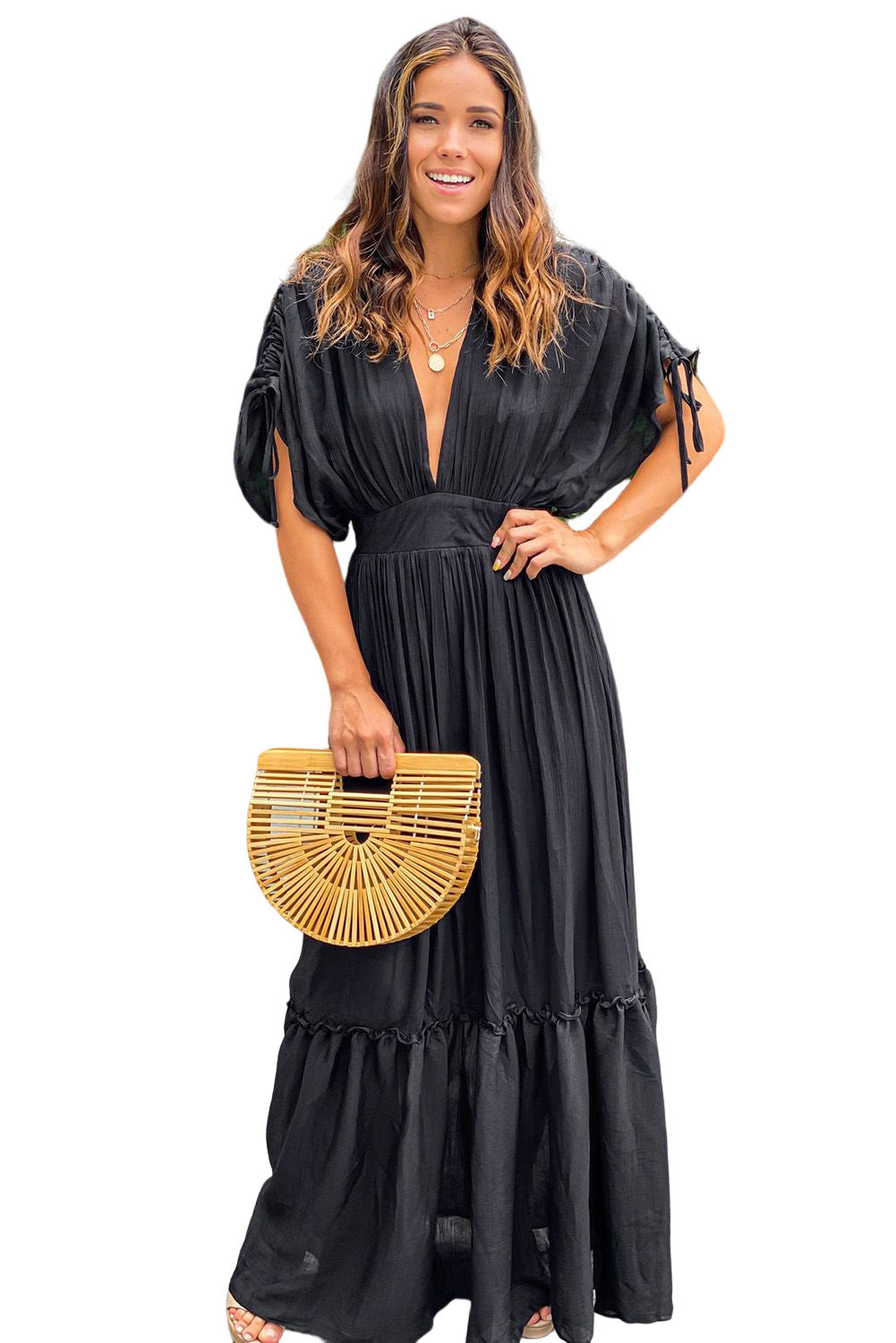 Black Drawstring Pleated Kimono Sleeve Ruffle Maxi Dress