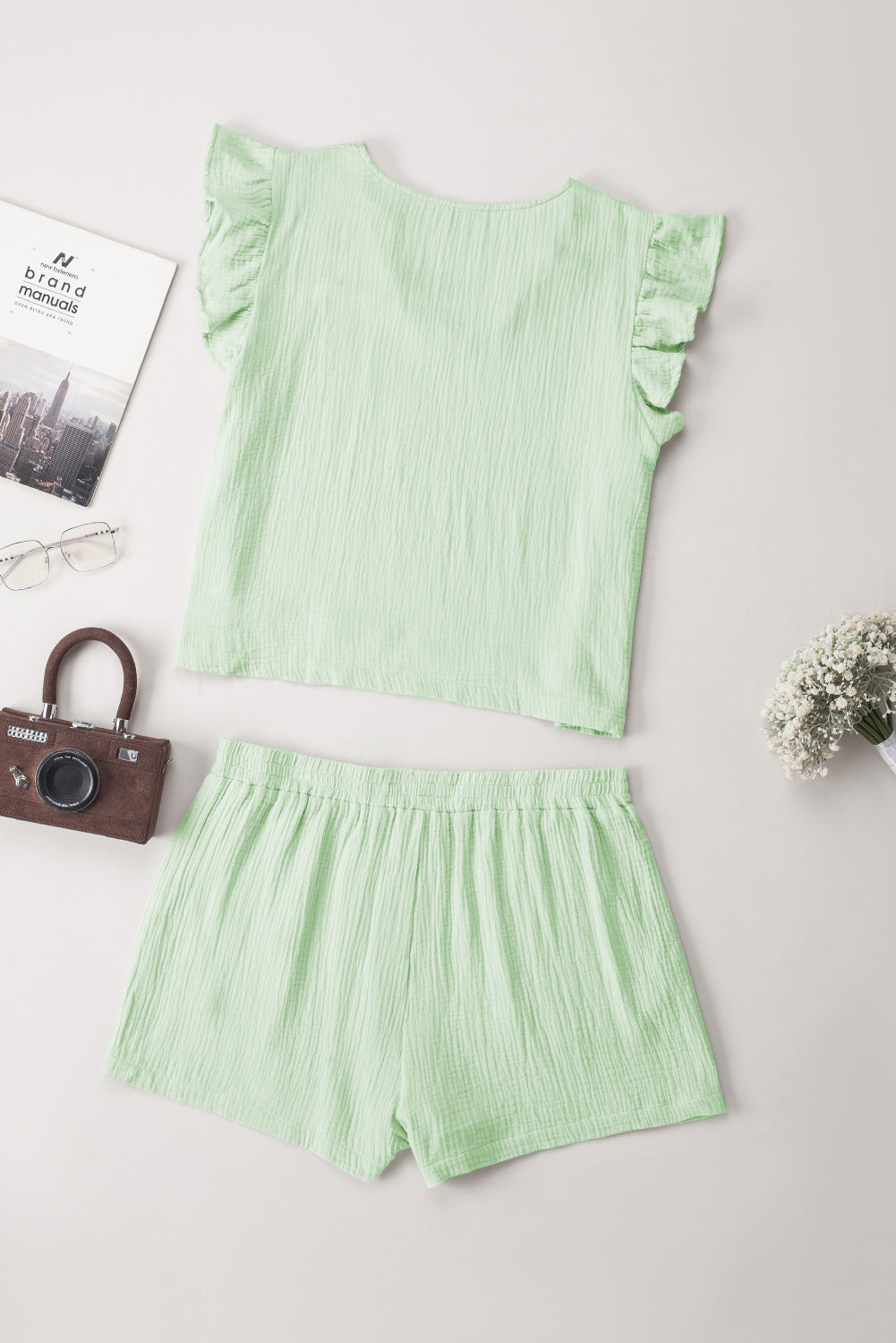 Green Crinkled Texture V Neck Ruffled Sleeve Tops & Shorts Set