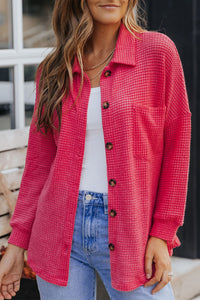 Hot Pink Pocket Buttons Front Waffle Knit Shacket