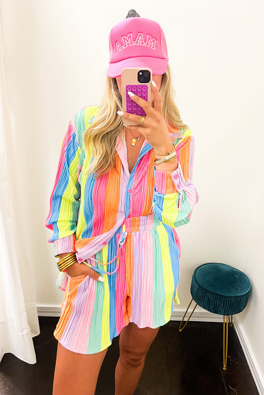 Multicolor Rainbow Stripe Crinckle Shirt and Shorts Outfit