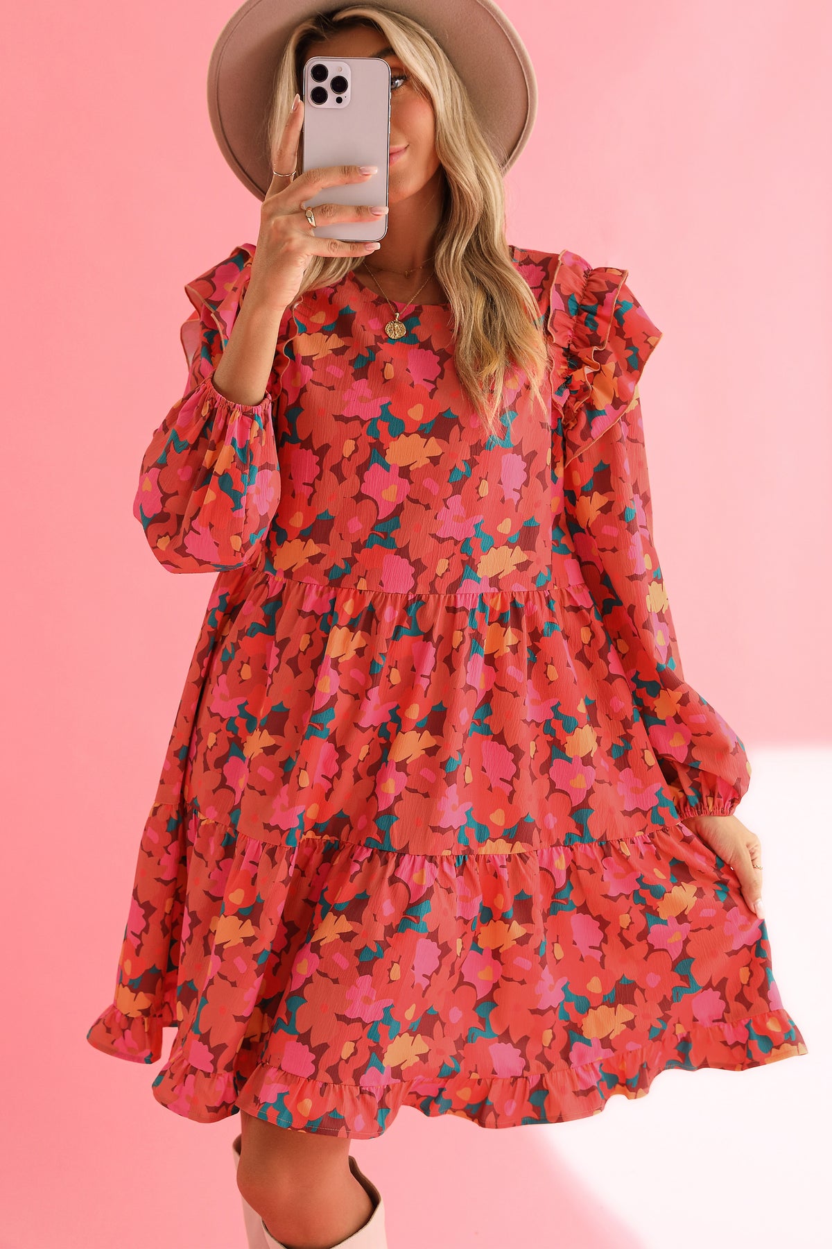 Rose Red Boho Floral Print Ruffle Tiered Mini Dress