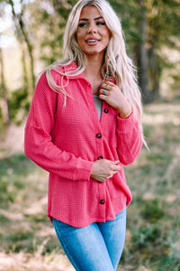 Hot Pink Pocket Buttons Front Waffle Knit Shacket