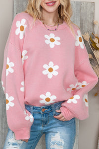 Apricot Floral Pattern Drop Shoulder Pullover Knit Sweater