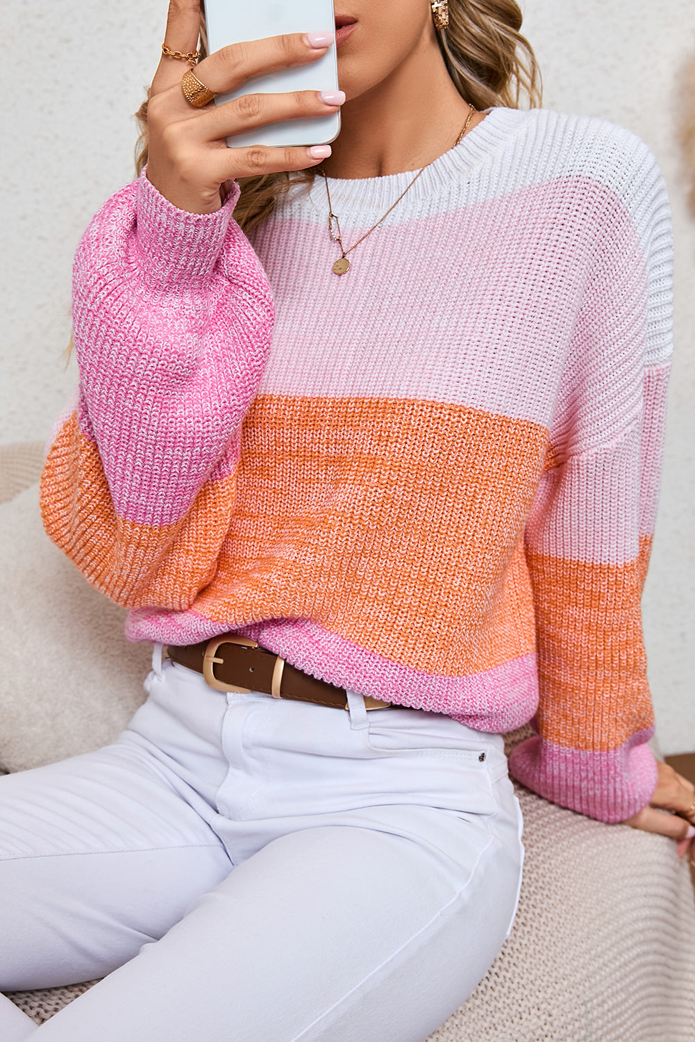 Pink Colorblock Drop Shoulder Pullover Loose Sweater