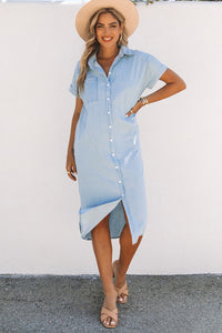 Light Blue Button Up Short Sleeve Midi Denim Shirt Dress