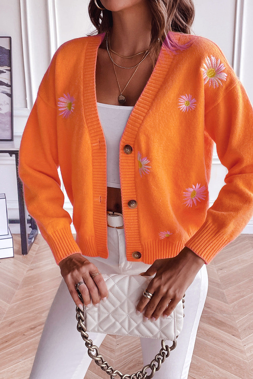 Orange Daisy Embroidered V Neck Button Up Cardigan