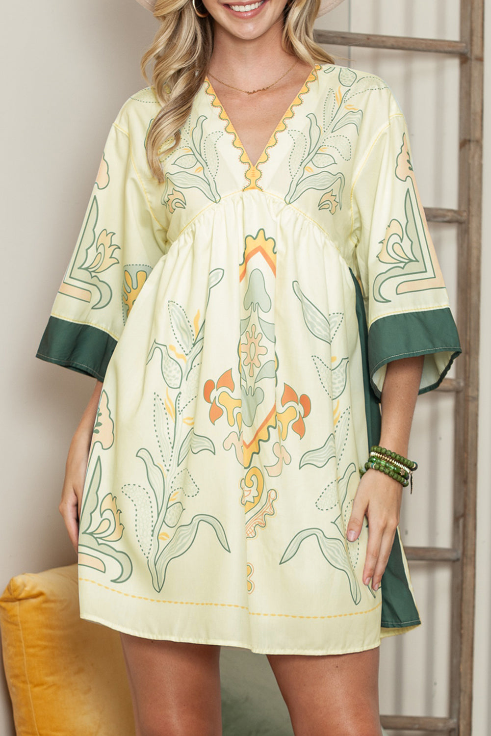 Multicolor Boho Floral V Neck Bell Sleeve Dress