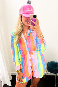 Multicolor Rainbow Stripe Crinckle Shirt and Shorts Outfit