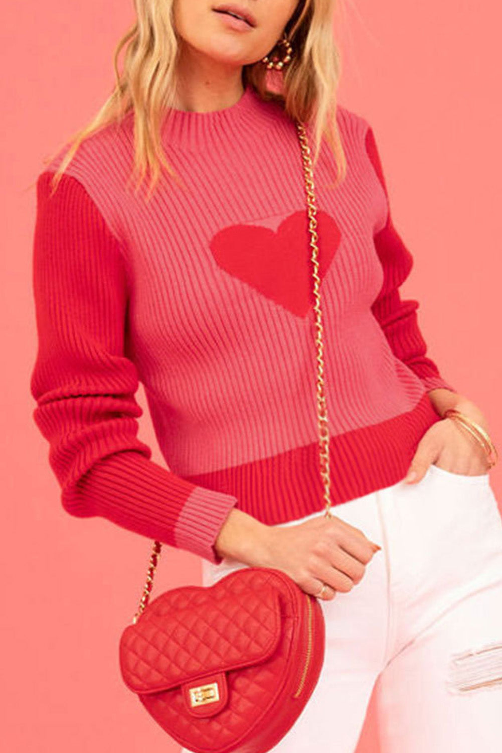 Bright Pink Valentine Colorblock Heart Print Ribbed Sweater