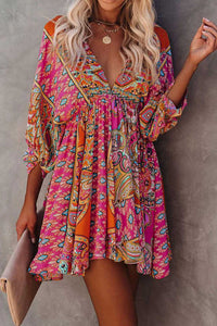 Multicolor Sexy Plunge Neckline 3/4 Sleeve Tie Back Boho Dress