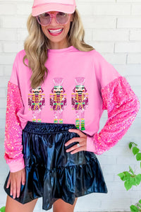Pink Figure Printed Sequin Sleeve Patchwork Graphic Sweatshirt