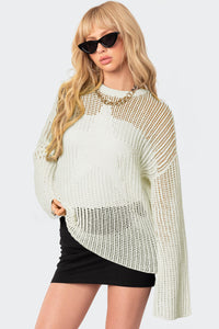 White Star Pattern Lightweight Hollow Knit Sweater