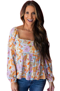 Orange Floral Square Neck Puff Sleeve Babydoll Blouse