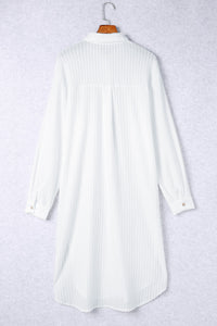 White Striped Button Up Long Sleeve Swimsuit Cover Up