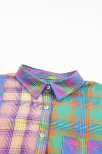 Purple Plaid Colorblock Pockets Button Up Shacket