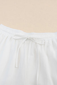 White Lace Splicing Drawstring Linen Pants