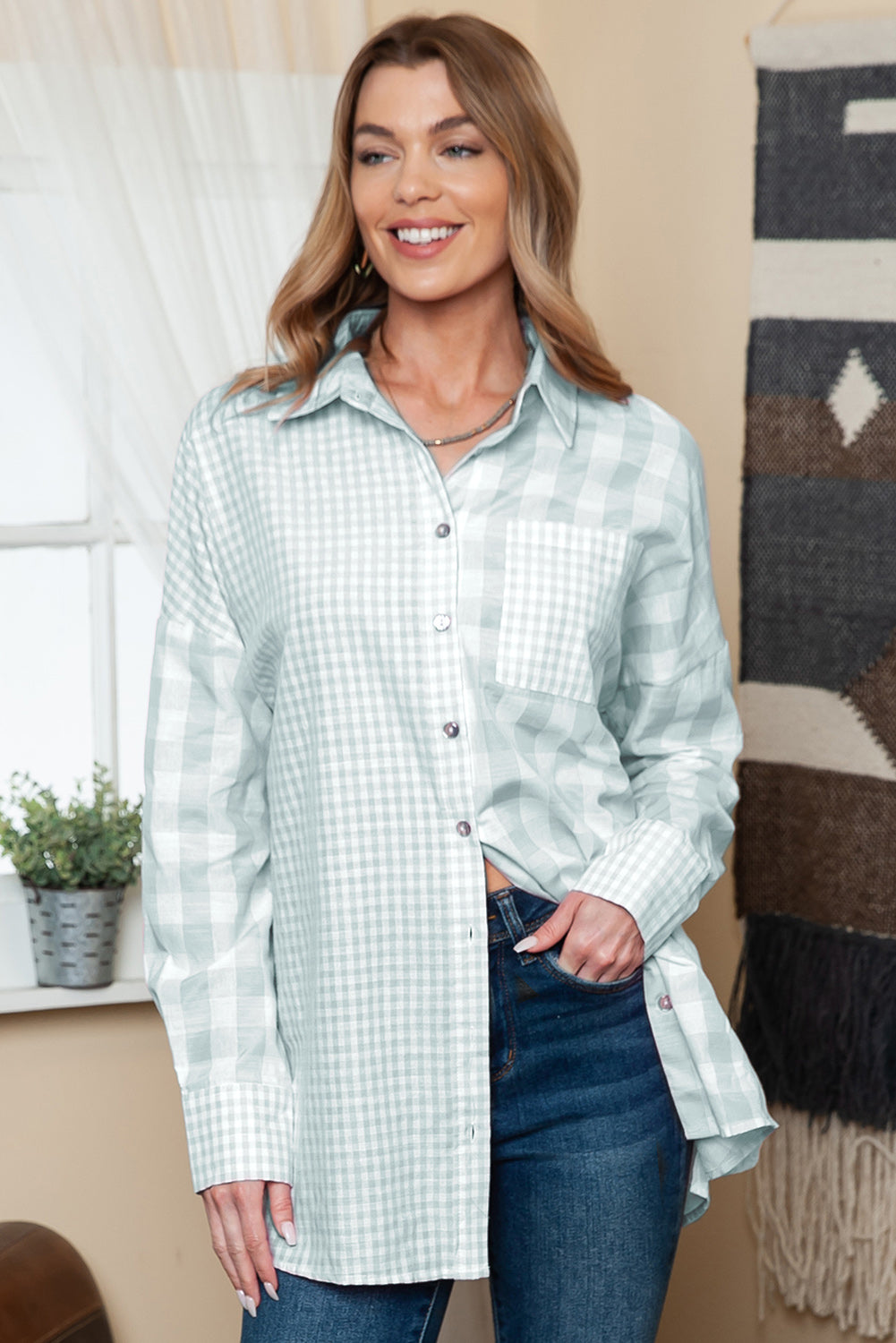 Pink Mix Checked Pocket Patchwork Long Sleeve Shacket