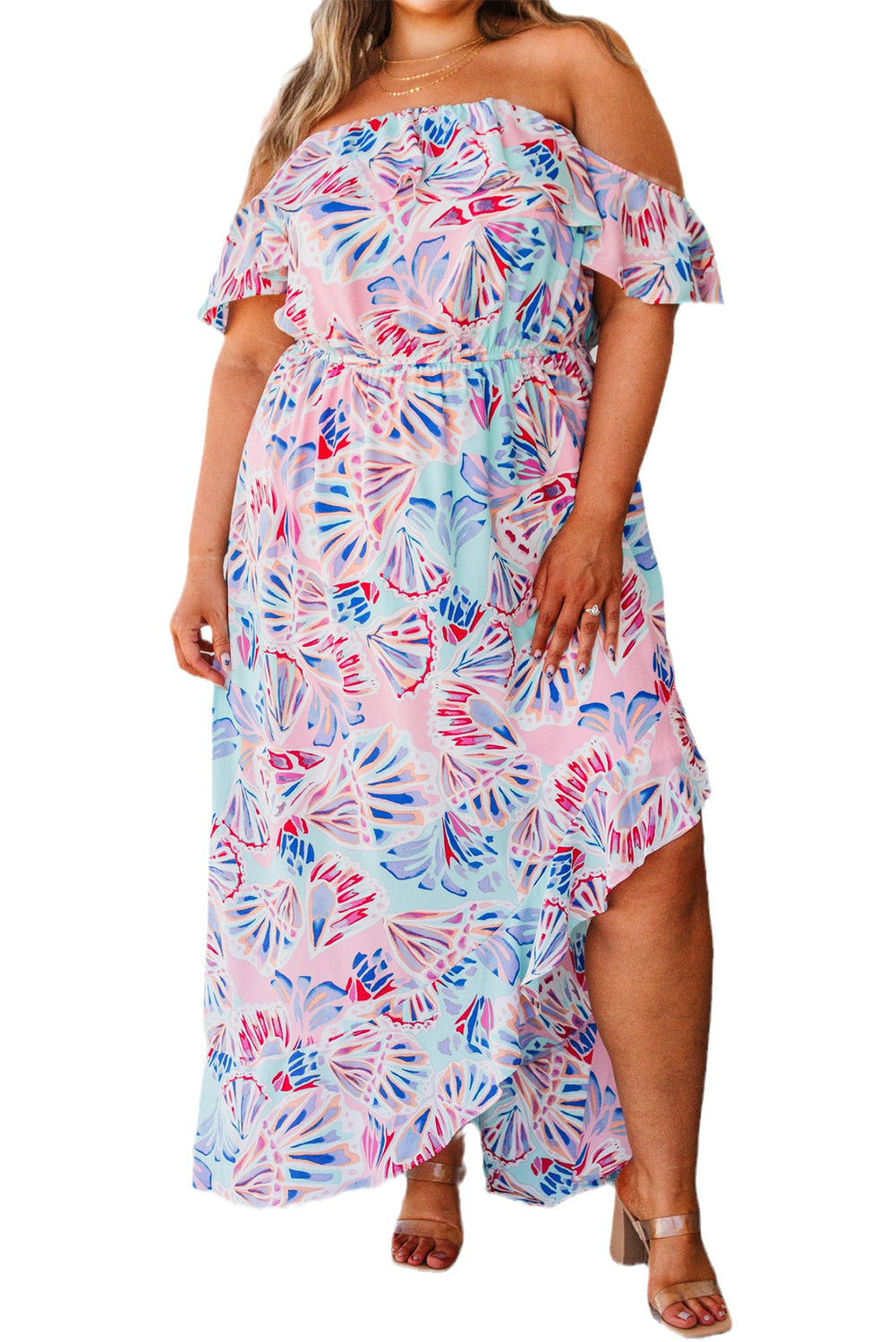 Pink Sea Shell Print Ruffled Sleeve Plus Size Maxi Dress