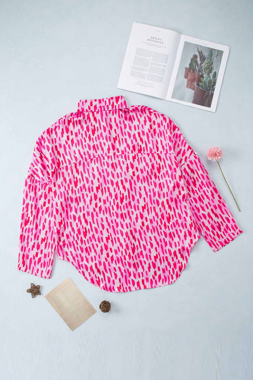 Pink Abstract Printed Roll Tab Sleeve Button Up Shirt