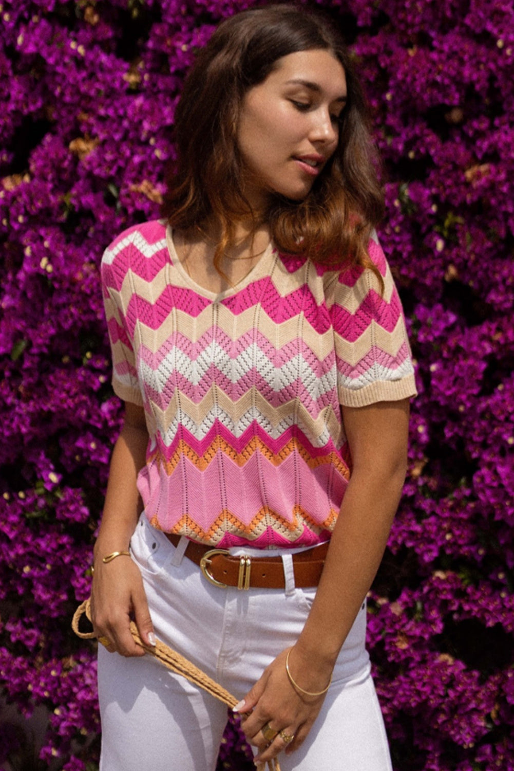 Pink Chevron Pattern Pointelled Knit V Neck Short Sleeve T-shirt