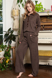 Pink Ribbed Henley Shirt and Wide Leg Pants Loungewear Set