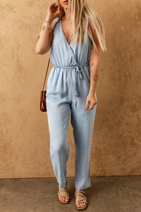 Light Blue Casual Pocketed Sleeveless Belted Waist Jumpsuit