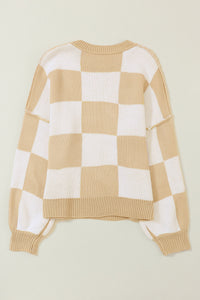 Pink Checked Bishop Sleeve Pullover Sweater