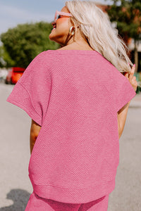 Strawberry Pink Textured Loose Fit T Shirt & Drawstring Pants Set