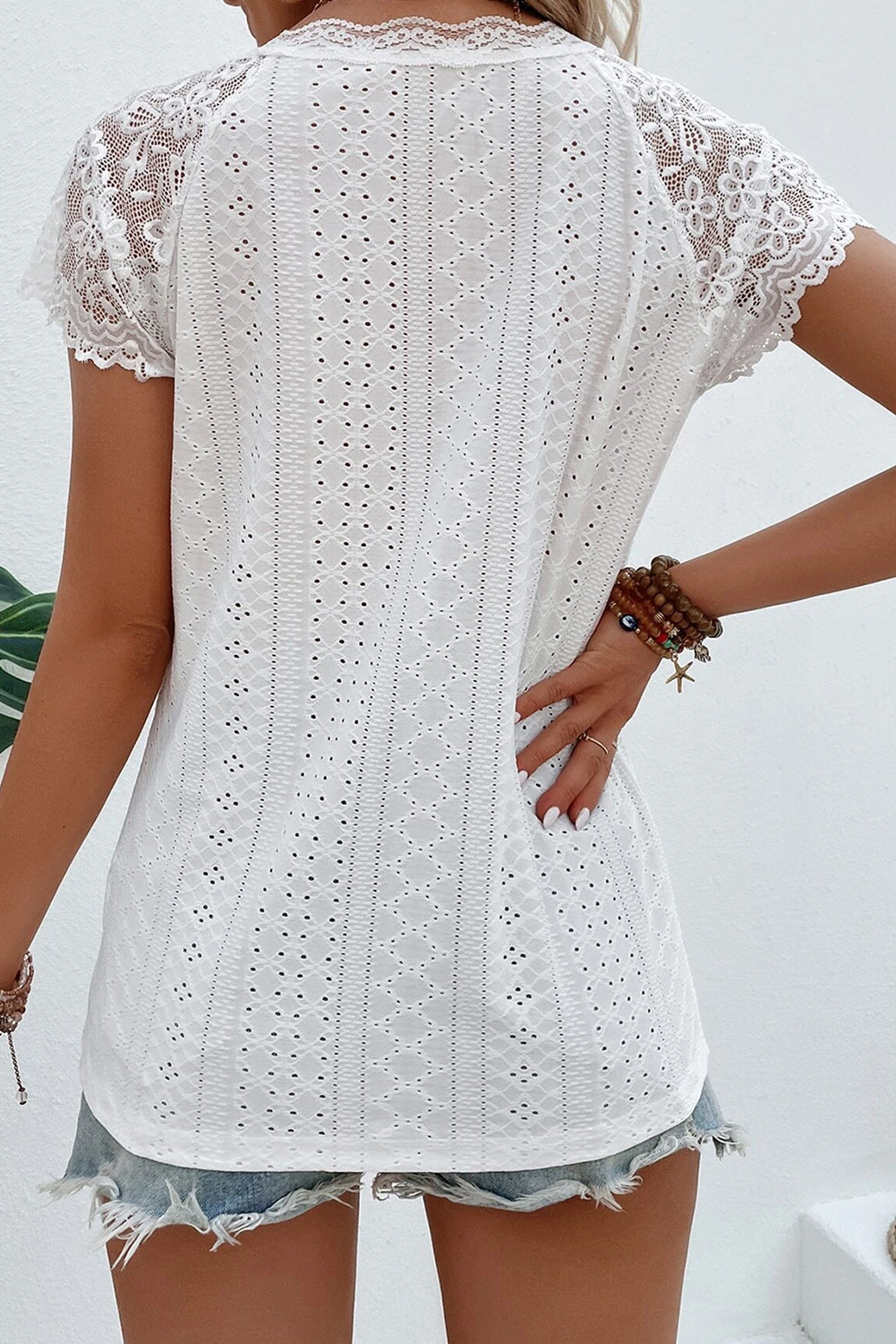 White V Neck Lace Splicing Eyelet Blouse