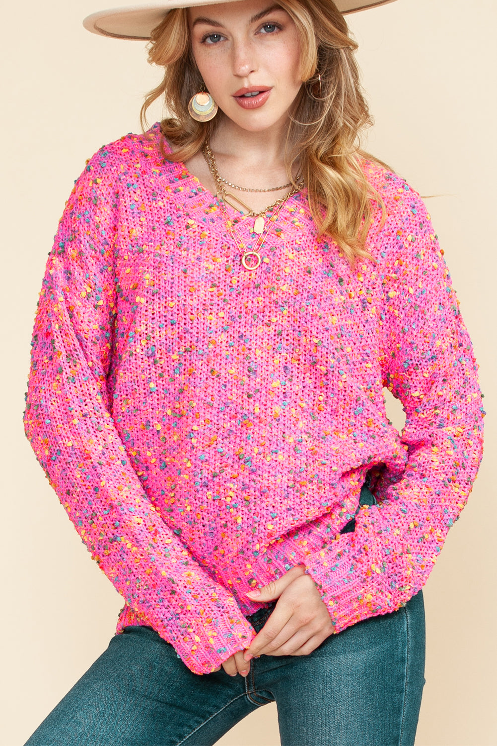 Hot Pink Mixed Color Chunky Knit Sweater