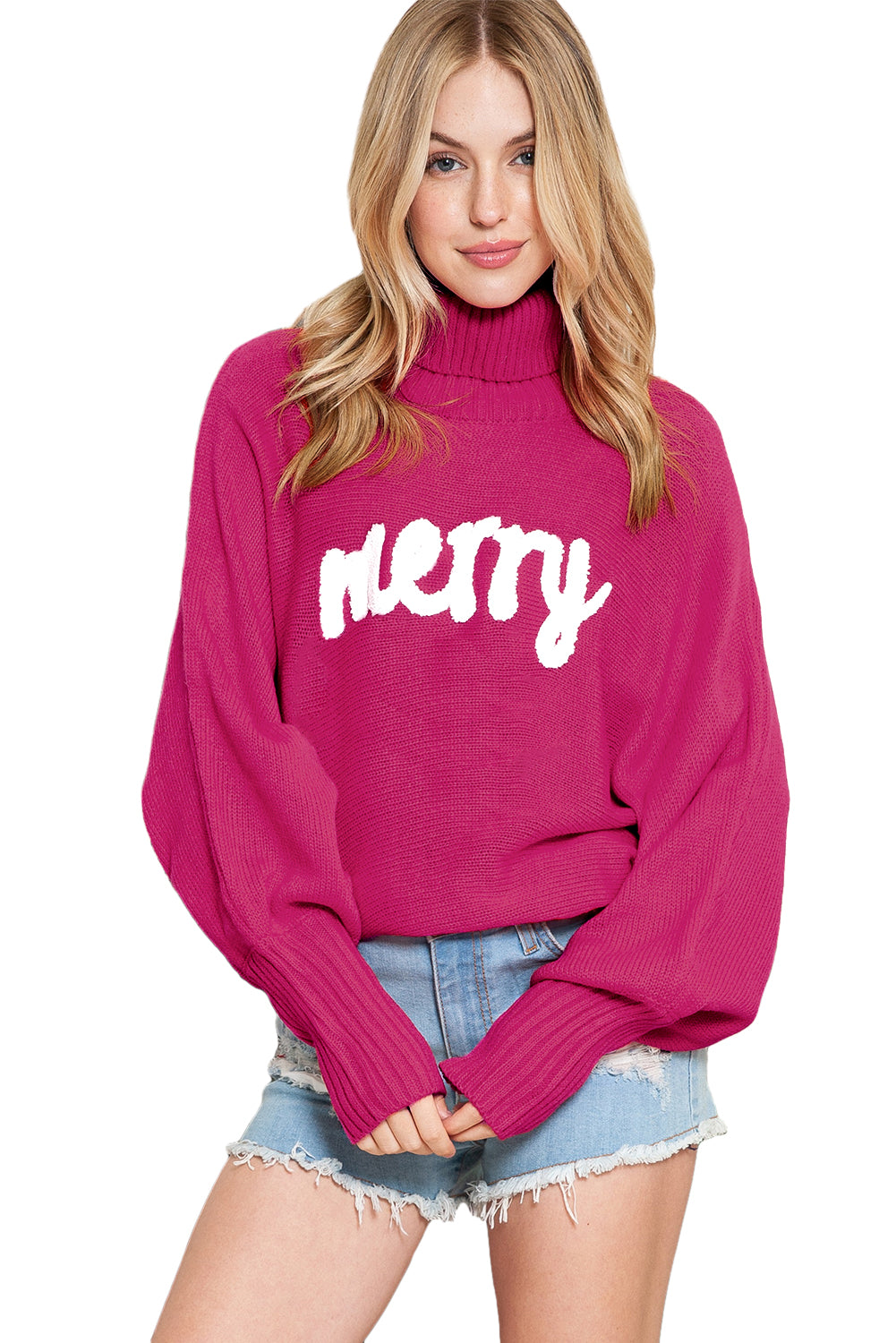 Red Turtle Neck Batwing Sleeve Merry Christmas Sweater