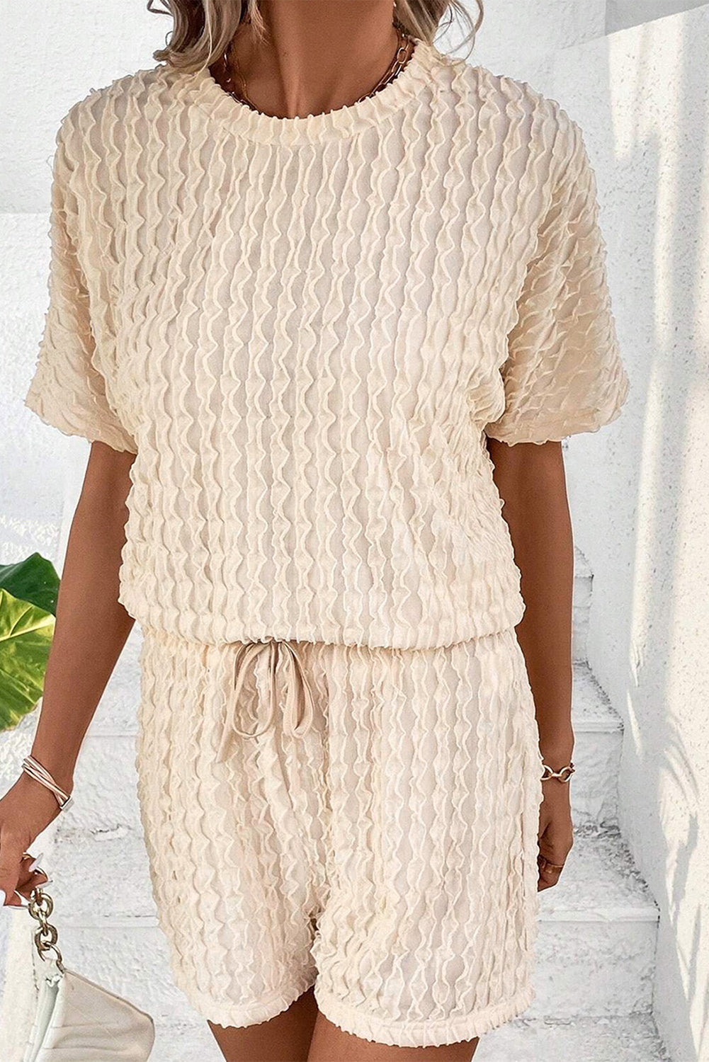 Beige Frill Textured Tee and Drawstring Shorts Set