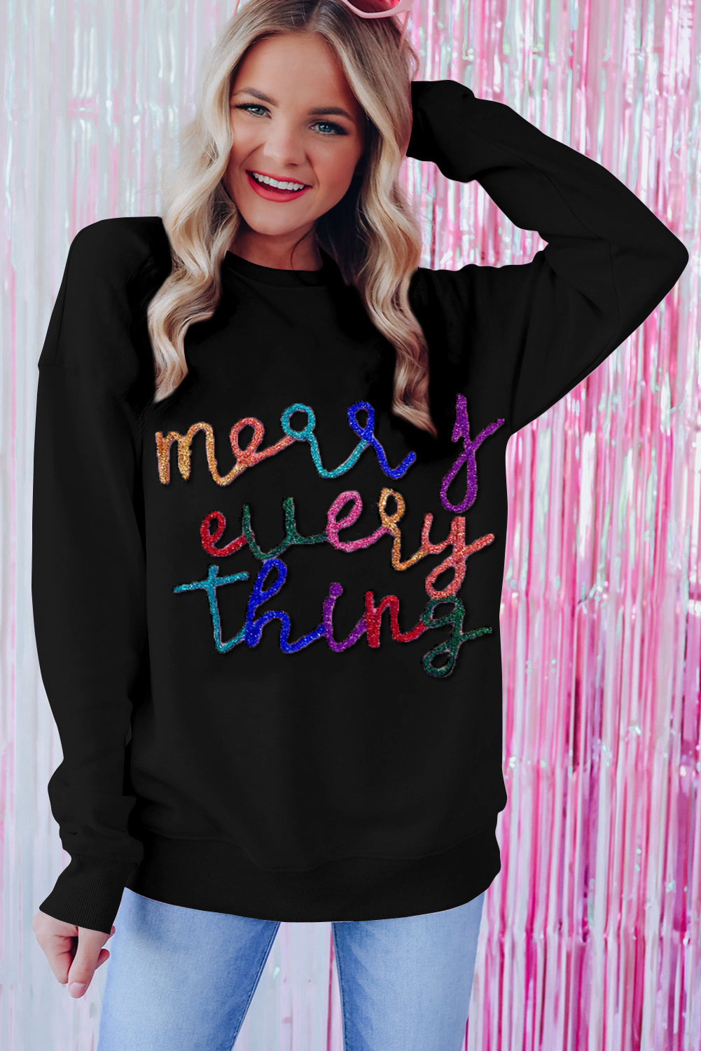 Pink Merry Every Thing Glitter Letter Christmas Sweatshirt