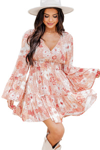 Apricot Powder Floral Smocked High Waist Bell Sleeve Mini Dress